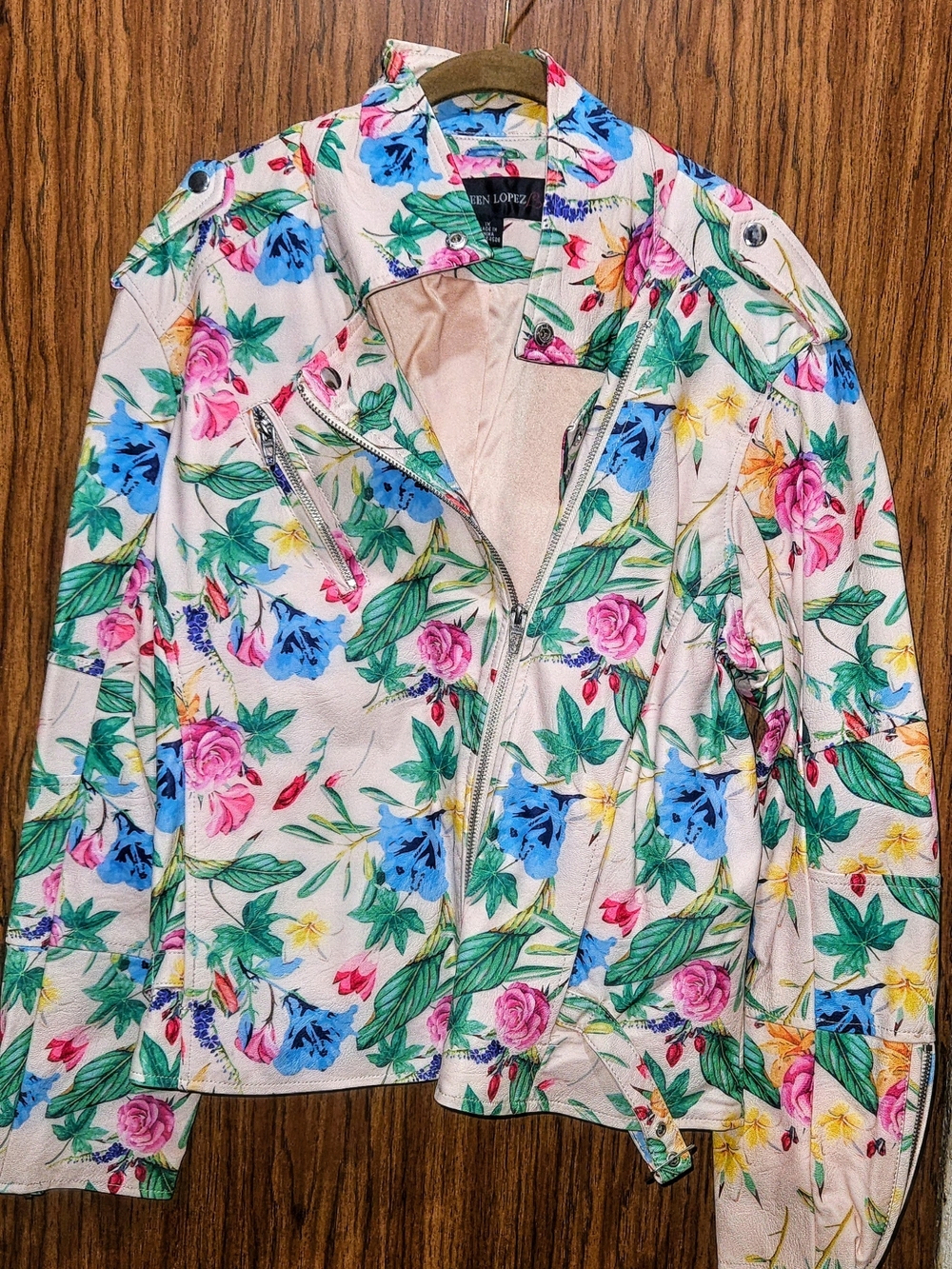 Colleen Lopez Floral Leather Moto Jacket in Cream with Pink & Blue Accents